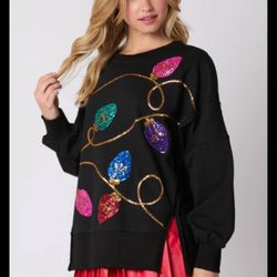 CHRISTMAS LIGHTS SEQUINS SWEATSHIRT TOP BLACK