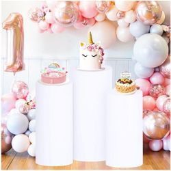 Set of 3 White Cylinder Pedestal Stand for Party
