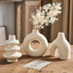 Ceramic Vase Set of 3, Small Vases for Modern Home Decor, Round Matte Donut Vases for Pampas Grass, Minimalism Style Flower Vases for Living Room