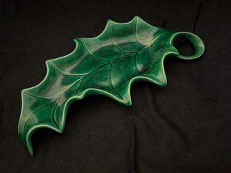 Vintage Holland Ceramic Holly Leaf Dish Tray Green Iridescent Glaze 12" Signed A.S.