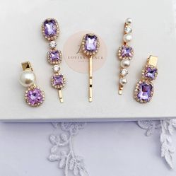 Bridal Light Amethyst Crystal Pearl Hair Clips Set Of Five Slide Emerald Cut Gold Plated Bridesmaids Prom Party Wedding Gift Wrapped