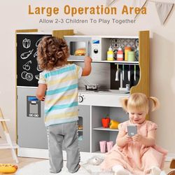 Wooden Play Kitchen, Large Size Kids Kitchen Play Set, Pretend Toy Kitchen for Toddler with Lights & Sound 