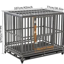 Heavy Duty Pet Cage Metal Kennel and Crate for Medium and Large Dogs, with Four Wheels,42
