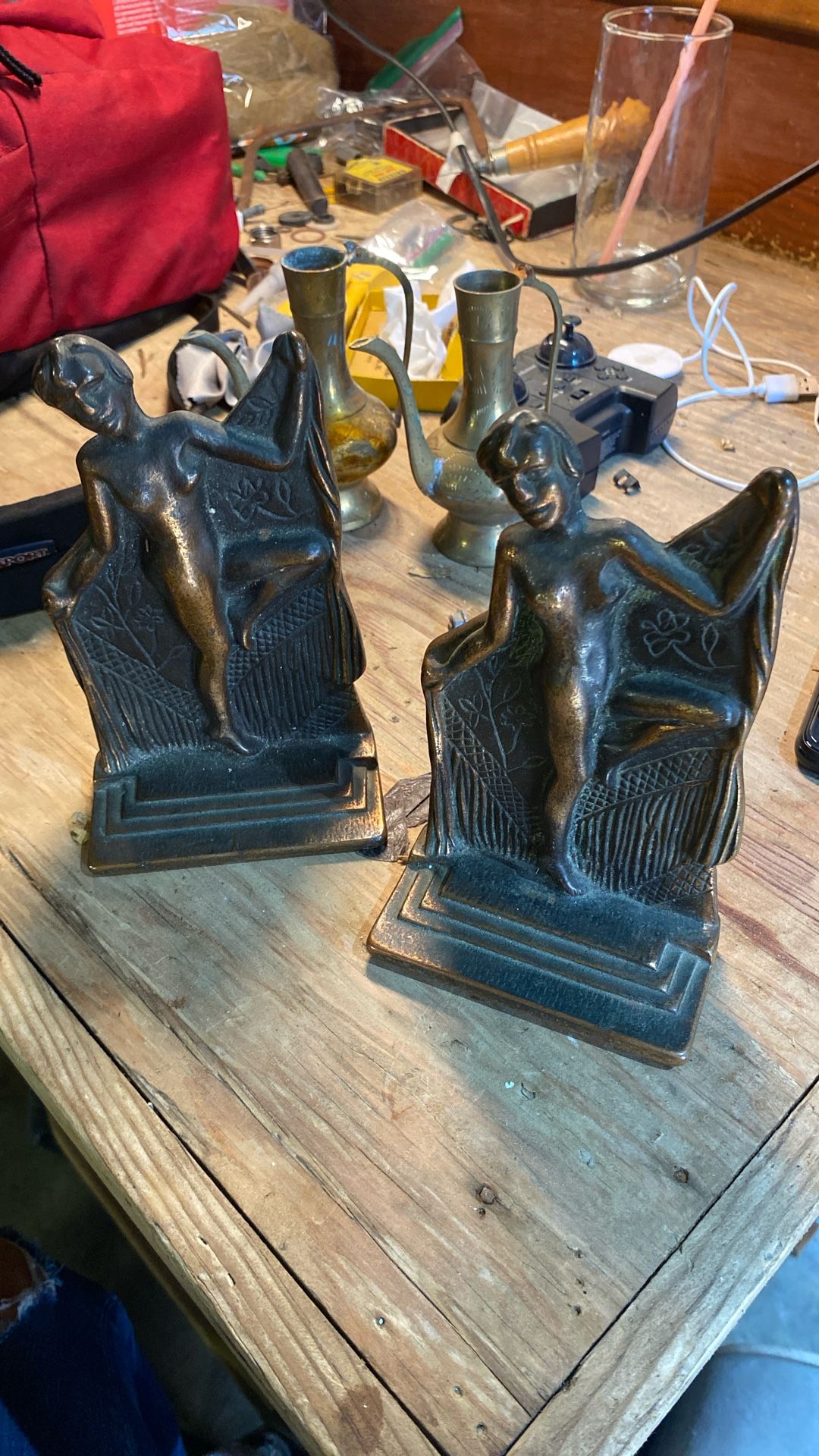 Vintage Verona Cast Iron Bronzed Nude Lady Dancing Art Deco 7” Statue Bookends