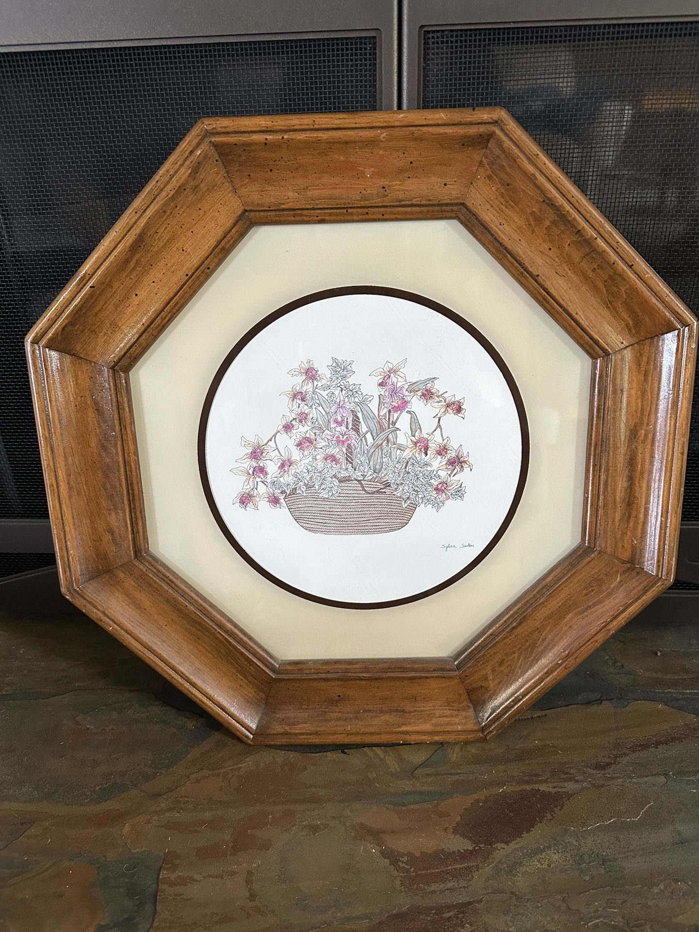 Vintage Octagon Wood Framed Floral Basket Print Signed
