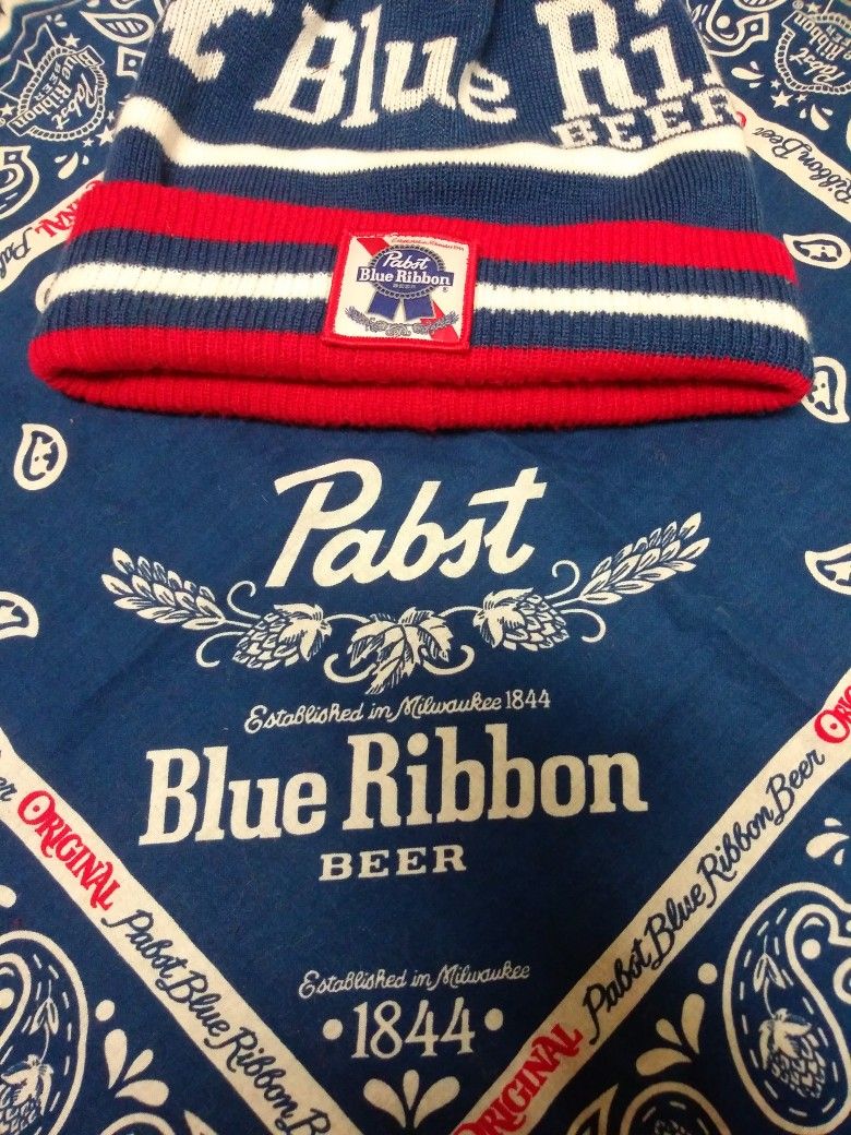 Pabst Blue Ribbon Pom Beanie And Bandana