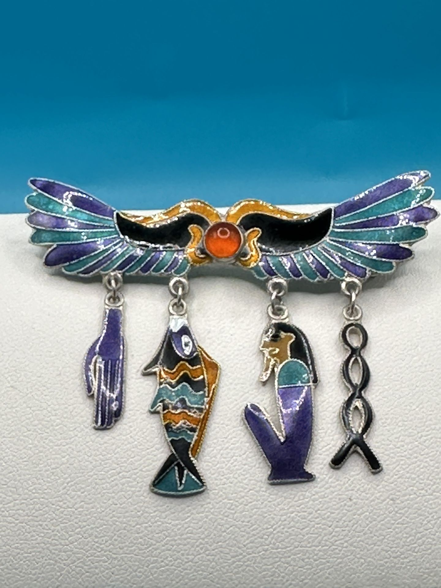 Rare Vintage Egyptian Revival Sterling Silver Enameled Dangling  Cloisonné Pharaoh Fish Hand Rope 2 1/2” X 1 1/2” Brooch 