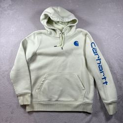 Carhartt Women’s Hoodie Mint Green Size M 8-10 Spellout Logo Blue Pocket #3507