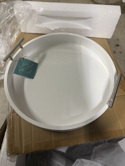 15.5” Round Decorative Serving Tray White & Silver 