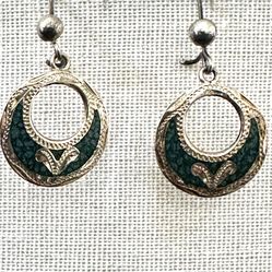 Sterling Silver  Mexico  Vintage  Stamped  Turquoise Chip  Inlaid  round Earrings