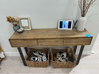 Forma natural wide wood too and metal base entryway console table
