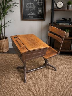 Vintage Industrial School Desk with Swivel Chair – Adjustable Height – Free Delivery