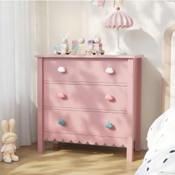 Pink Nightstand, 27.56" Wide 3 Drawer Night Stand for Bedroom, Cute Scalloped Dresser Bedside Table for Bedroom, Hallway, Living Room