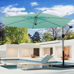 Offset Patio Umbrella, Cantilever Hanging Outdoor Umbrella w/360-degree Rotation, Handy Crank, UV/Waterproof Canopy, 6 Ribs for Market, Backyard, Pool