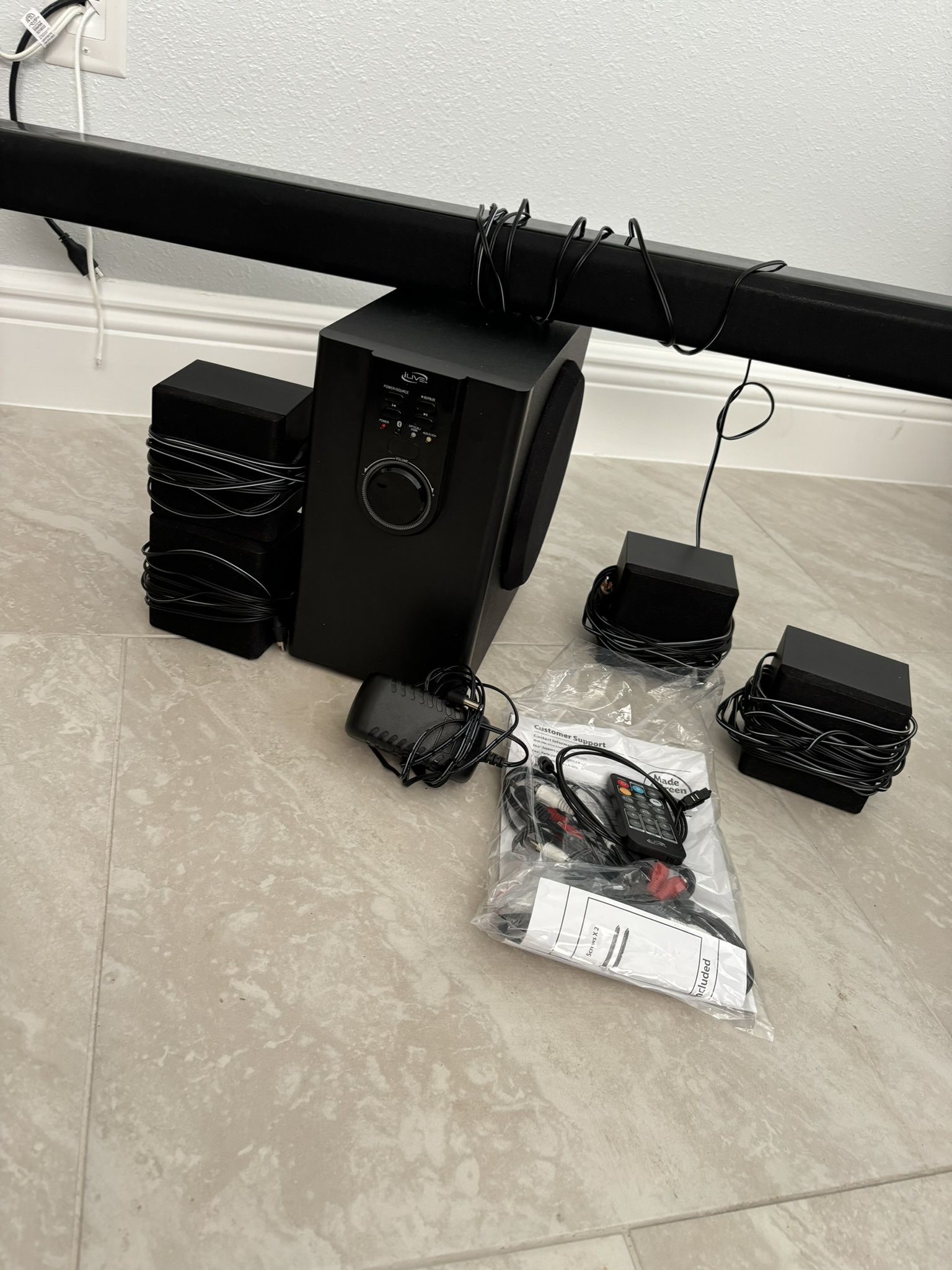 Home Theater System with Bluetooth, 6 Surround Speakers, Wall Mountable, Includes Remote,