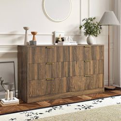 Walnut 6 Drawer Dresser for Bedroom, 55'' Wide Wood Chest of Drawers, Modern Fluted Bedroom Dressers with Drawers, Large Dresser TV Stand Mid Century 