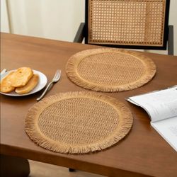 Fennco Styles Woven Fringe Solid Color Placemats 15" Round, Set of 4 - Natural Hand Braided Table Mats for Home, Dining Room, Boho Decor, Banquets, Fa