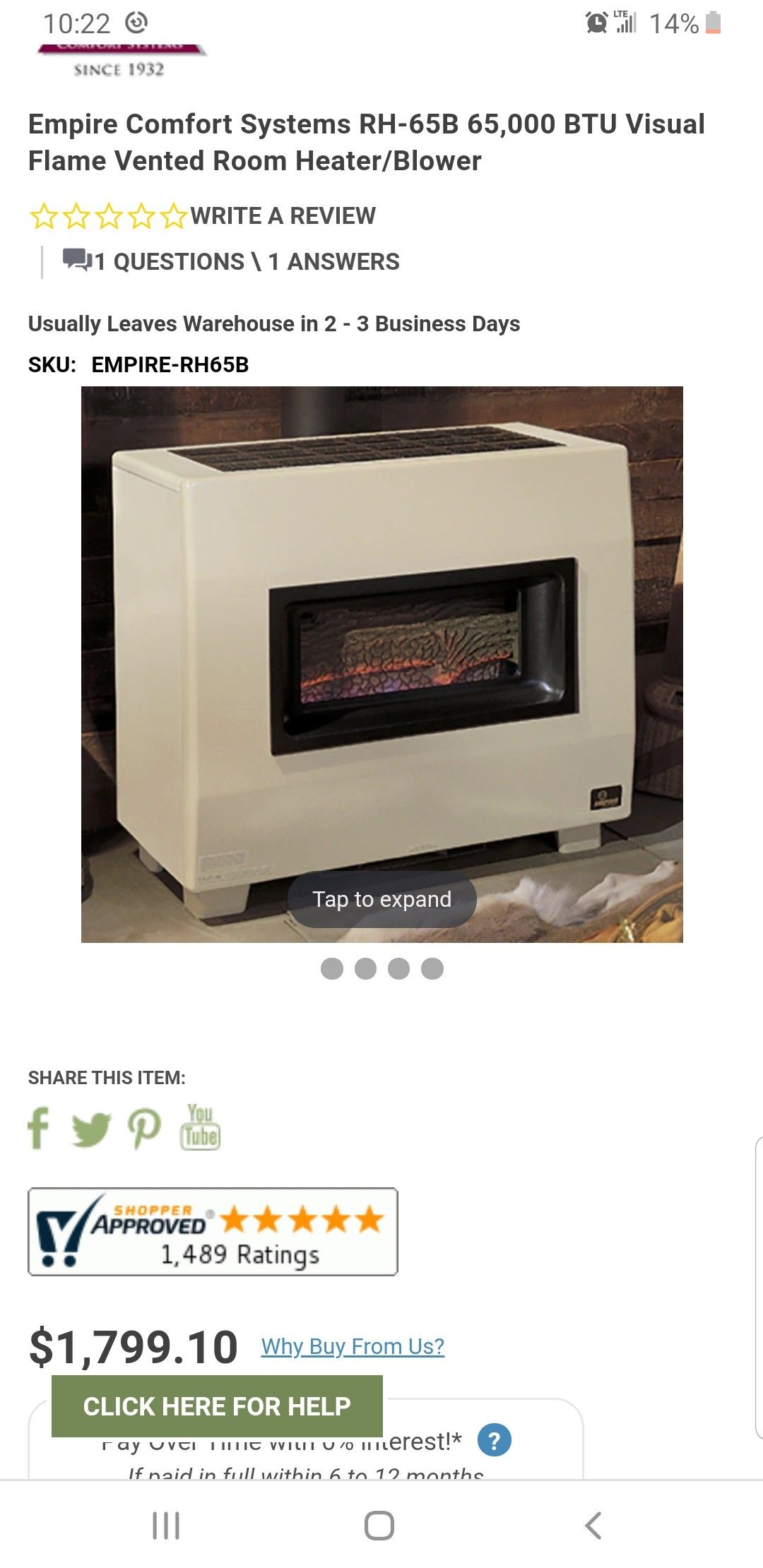 Empire Comfort Systems RH-65B 65,000 BTU Visual Flame Vented Room Heater/Blower