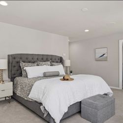 Upholstered King Bed Frame – Tufted Headboard (Gray)