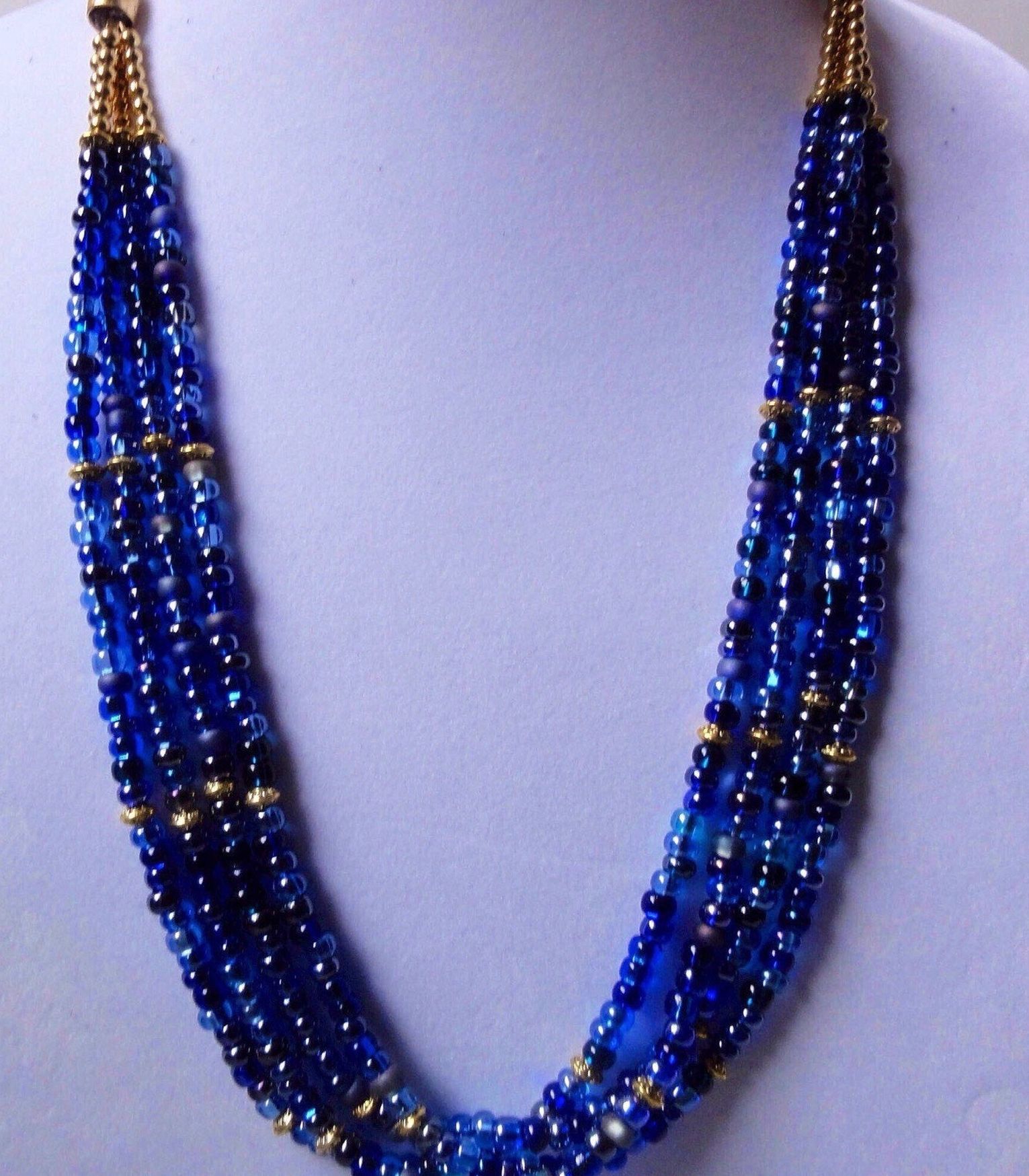 Multi Strands Necklace, Degrade Blue Necklace, Blue Czech Glass Necklace, Beaded Necklace, Gold Clasp