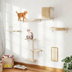 Wall Mounted Shelves Set Cat Tree, Beige, 5-Pack