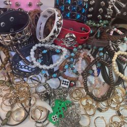 100 Pcs Of Random Gothic Jewelry Box Lot - BRAND NEW-  Faux Leather Bracelets , Necklaces , Rings, Keychains , Earrings , Punk Grunge Emo Boho Tribal 