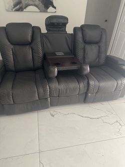 Gray Leather Reclining Sofa with Console