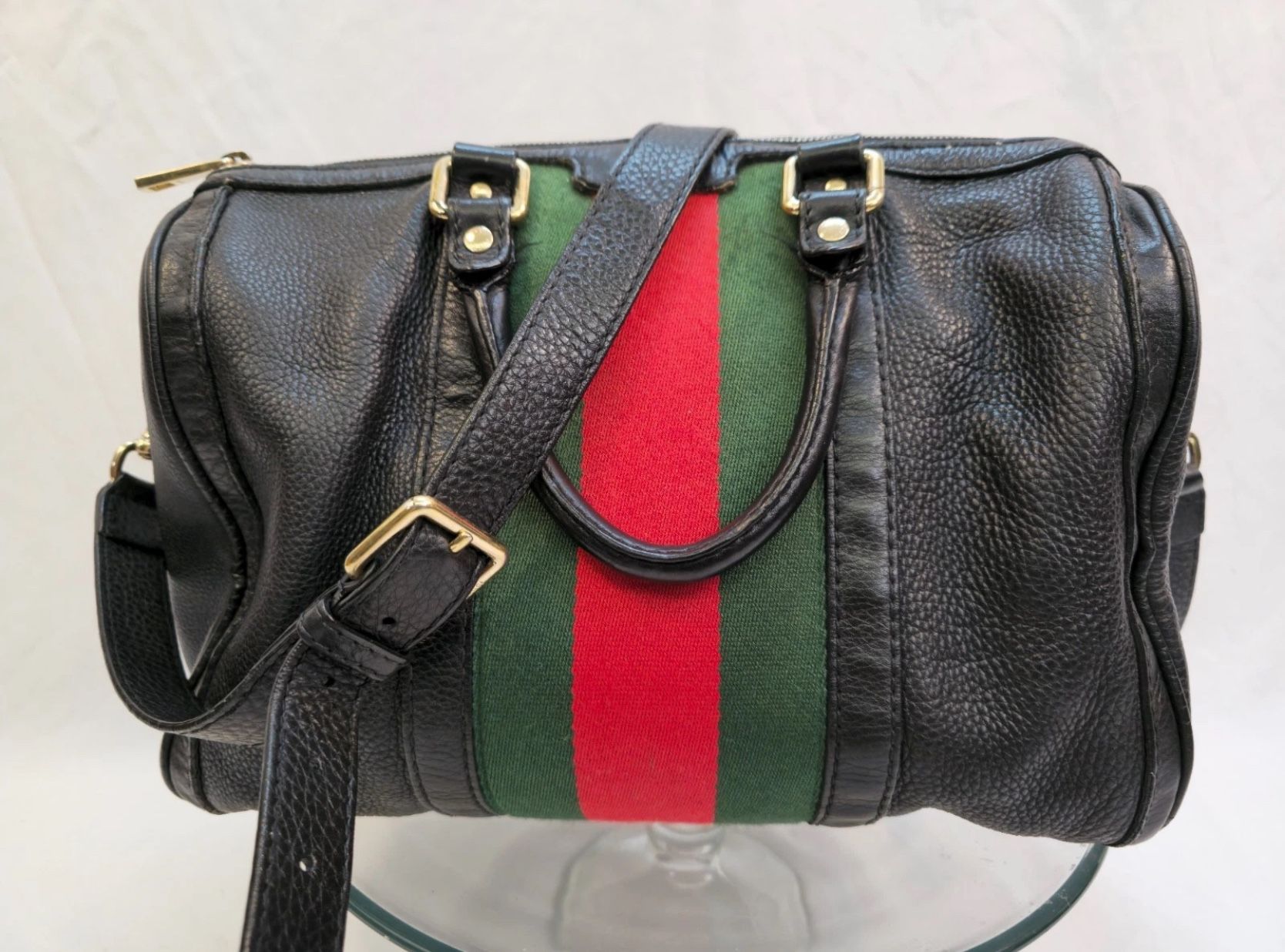 Vintage Gucci Black Leather Web Boston Bag