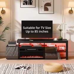 High Gloss TV Stand with 30" Electric Fireplace Charging Station led lighting