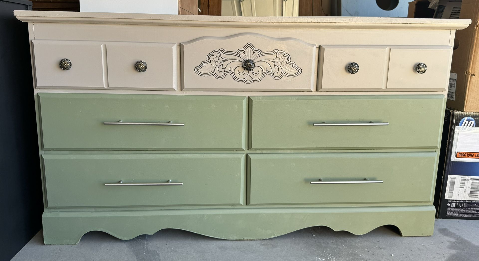 Refurbished Beige And Sage Green 7 Drawer Dresser