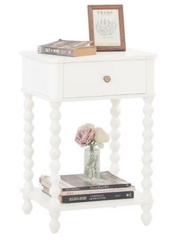 White Nightstand, Small Side Table with Drawer for Living Room