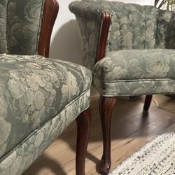 Set of 2 VINTAGE barrel back floral lounge chairs with wood frame $40 ea $75 Pair OBO