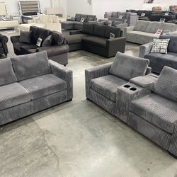 Grey Sofa And Love Seat - Soft Corduroy Fabric