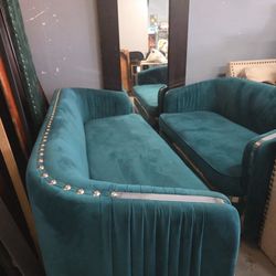 Teal velvet couch set