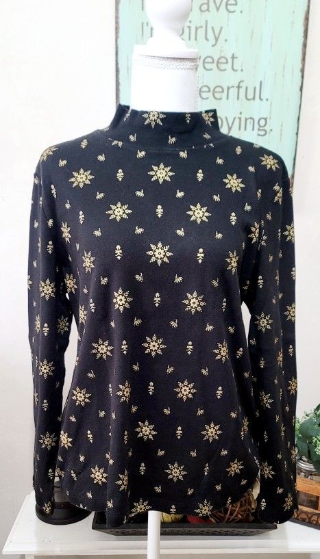 Karen Scott Glitter Snowflake Patterned Mock Neck Top