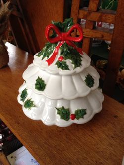 Lefton White Christmas Tree Candy Dish with Holly