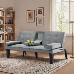 Black/Grey Futon Sofa Bed with Cup Holders - Walmart Return - $40