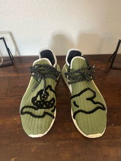 Olive green Adidas Pharrell Williams x BBC Ice Cream Human Race NMD sneakers