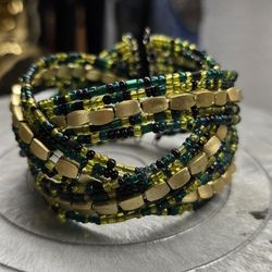 Multistrand Beaded Cuff Bracelet – Green, Black, Gold-Tone Tribal Style
