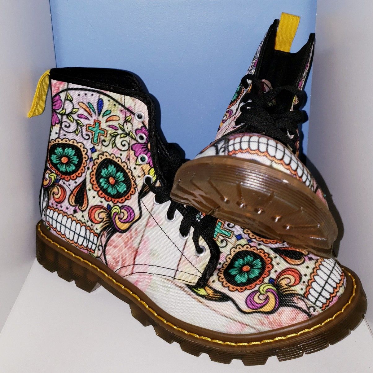 Lace Up SKULL MULTICOLORED Fashion Combat Boots for WOMEN size 11