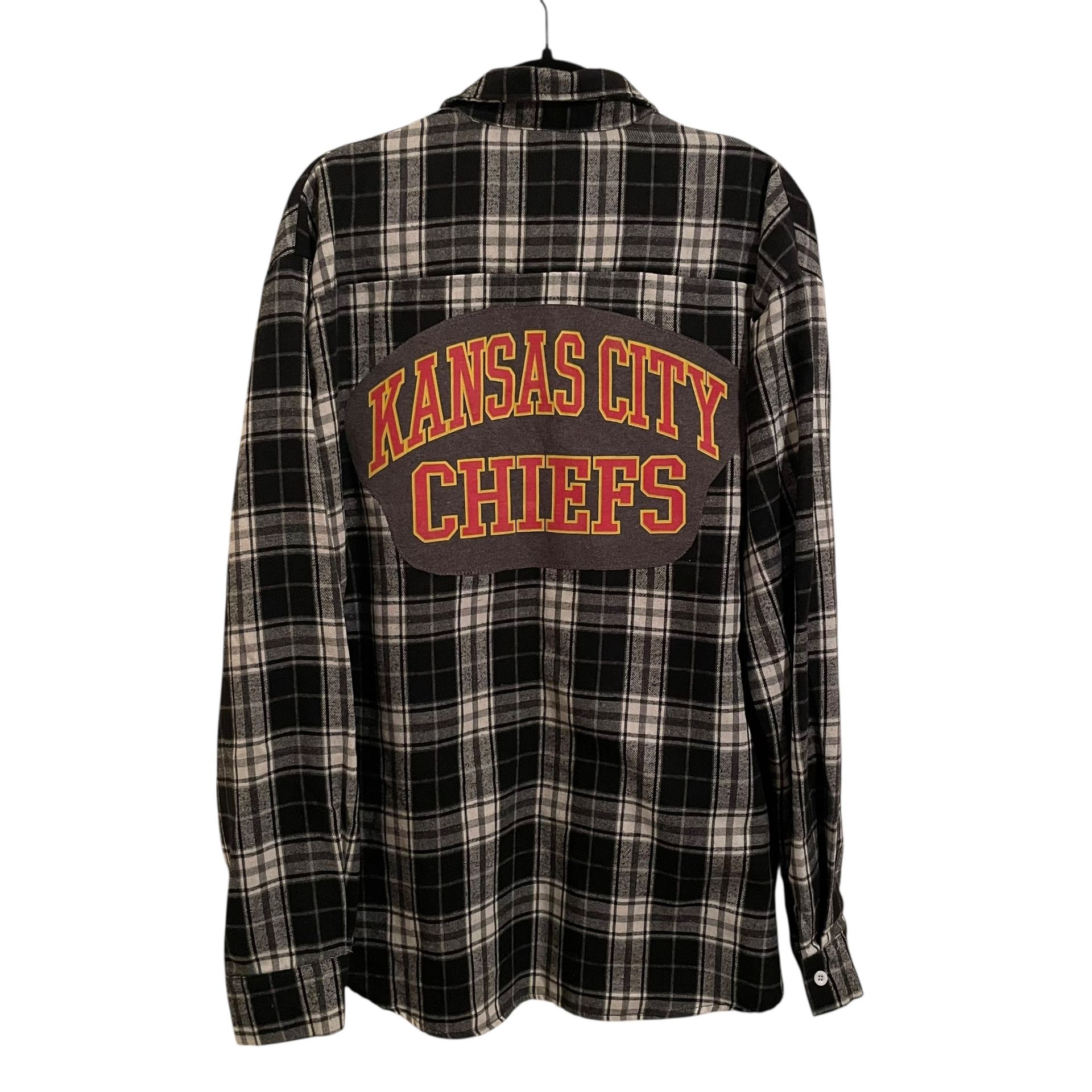 Upcycled Kansas City Chiefs Black Gray White Plaid Flannel Button Front Shirt
