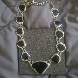 Women Silver And Onyx Stone Necklace