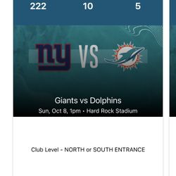 2 CLUB TICKETS MIAMI DOLPHINS V. NEW YORK GIANTS
