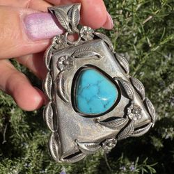 Sterling Large Turquoise Pendant Signed Joe Angel 