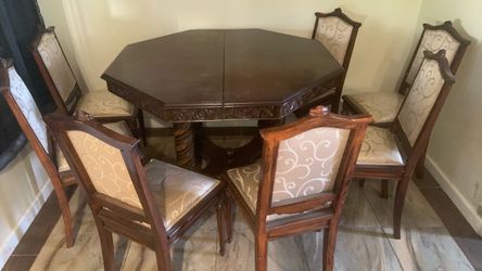 Octagonal Wood Dining Table with 7 Chairs