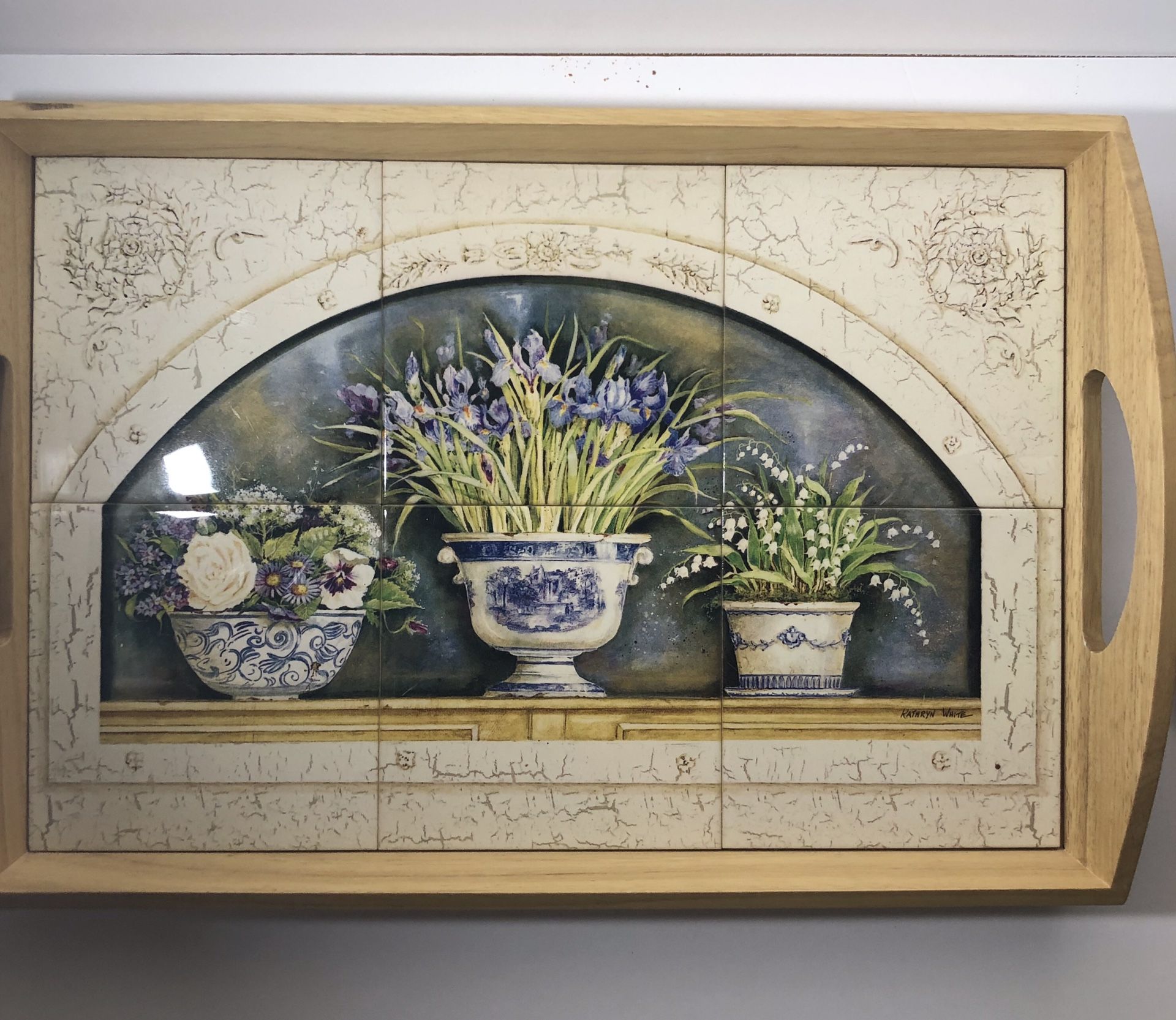 Kathryn White Wood and tile floral serving tray