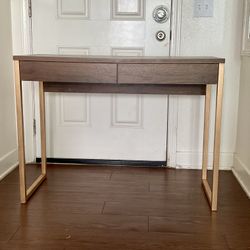 Writing Desk, 40 in L x 30 in H, Rustic Brown Faux Wood, Antique Gold Metal Frame 