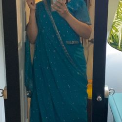 Elegant Teal Blue Custom-Made Sari with Blouse & Skirt – Worn Once
