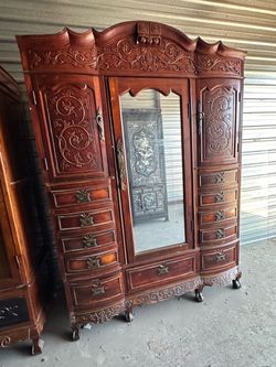Antique Carved Wood Armoire with Mirror