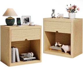 Nightstand Set of 2, Wooden Large Nightstand with Charging Station